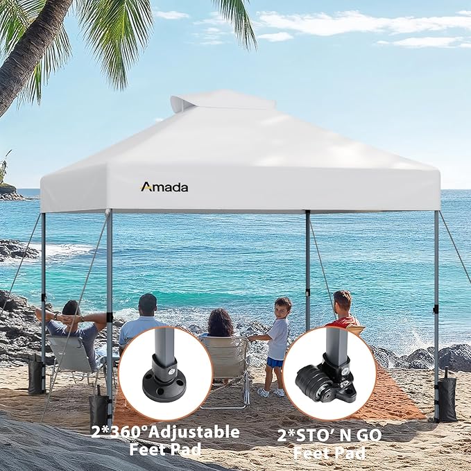 Amada 12x12 Pop Up Canopy - Center Lock One Push Instant Setup Gazebo Outdoor Canopy Beach Tent with STO-N-Go Bag 8 Stakes & 4 Sand Bags, 3-Height Adjustable Shade Shelter (12x12ft, White)