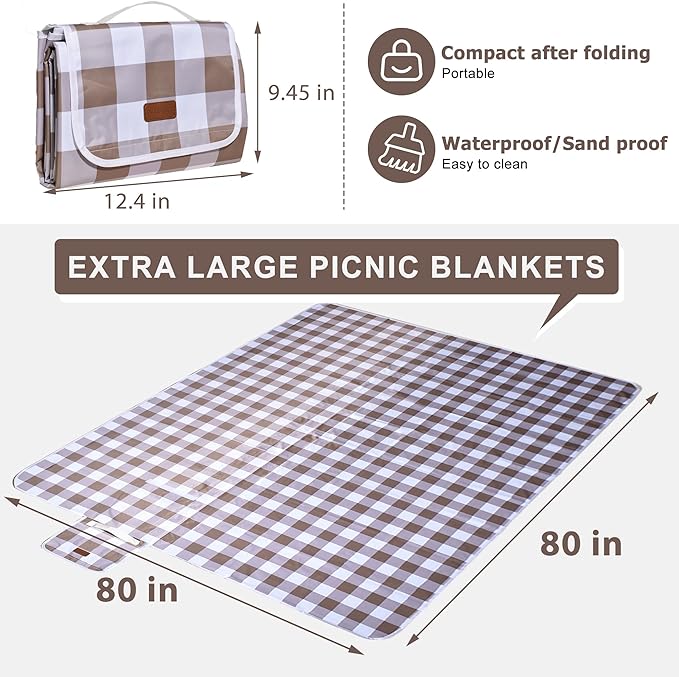 80"x80" Extra Large Waterproof Outdoor Mat - Sandproof Foldable Picnic Blanket for Family Camping, Backyard, Beach Parties - Heavy Duty & Easy Storage (Dark Brown)