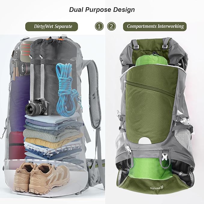 HOMIEE 50L Hiking Backpack Travel Bag Waterproof Camping Rucksack with Rain Cover Lightweight Backpacking Backpack