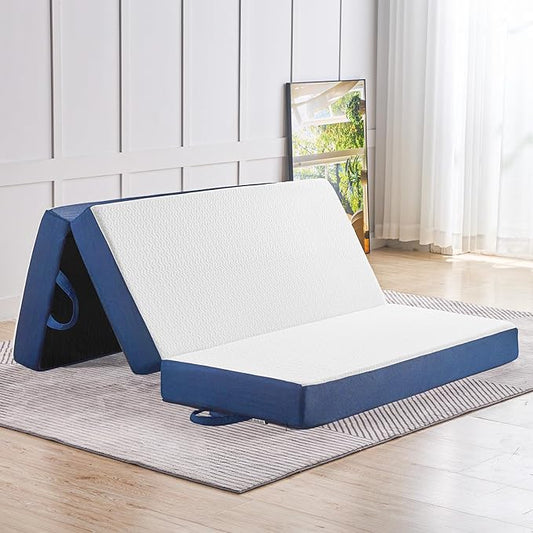 CYMULA Folding Mattress Full Size,4 inch Memory Foam Tri Portable Trifold Mattress Topper Full with Breathable & Washable Cover, Foldable Guest Bed for Camping (52"×73"×4")