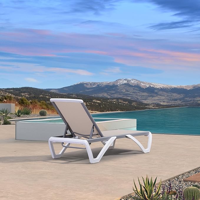 PURPLE LEAF Patio Chaise Lounge Chair Outside Aluminum Plastic Stackable Tanning Chairs for Pool Sunbathing Beach Deck Outdoor Lounger, Khaki