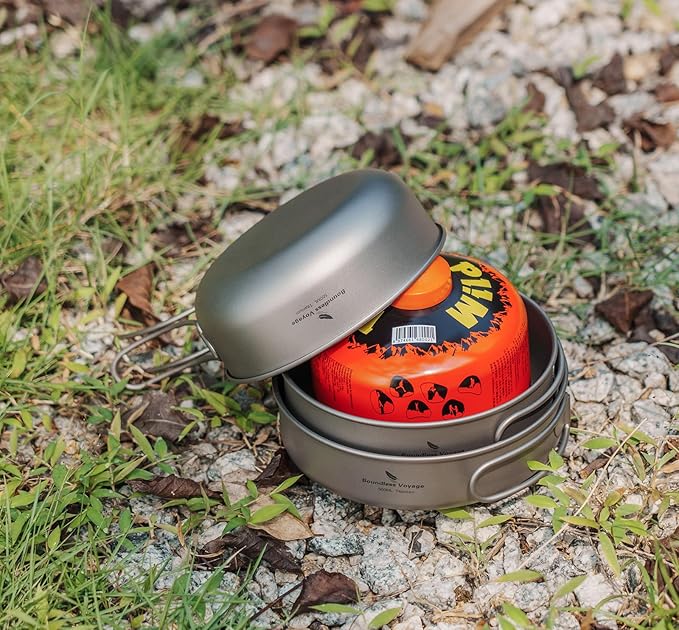 Camping Titanium Pots Set Titanium Bowl Set Outdoor Cookware Cooking Pan Pot with Folding-Handle Travel Kitchen Mess Kits Picnic Hiking Dishes ti2031c