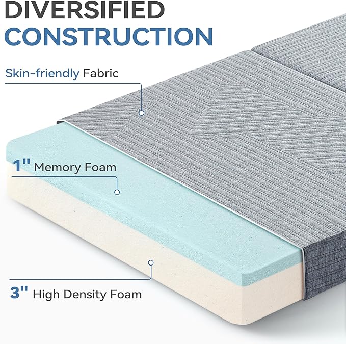 BDEUS Tri-Fold 4" Memory Foam Mattress Twin Size Portable Bed, Foldable Floor Mat for Adults & Kids, Washable CertiPUR-US Certified Cover, Lightweight for Travel/Camping/Yoga