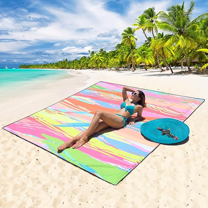 Beach Blanket, Sandproof Beach Mat, Waterproof Quick Drying Lightweight Outdoor Aztec Picnic Mat 79" X 83"/120"x108" for 2-8 Adults for Travel, Camping, Hiking