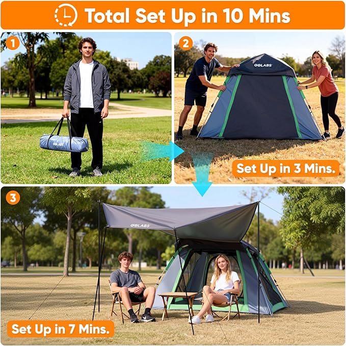 Golabs 3-4 Person Instant Camping Tent, 1-Minute Setup by Pre-Attached Pole, PU1500mm Waterproof, 4 Side Mesh & Door Ventilation with Large Canopy, Pop-up Tent with Carry Bag, Pocket & Hook for Family