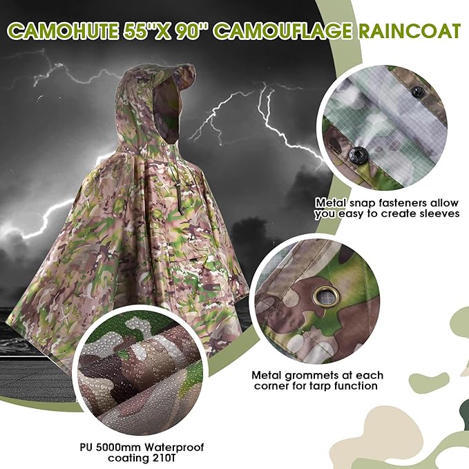 Military Camo Rain Poncho, Extra Large Tactical Poncho Shelter, with Pocket, Waterproof, for Hunting Hiking Camping Emergency