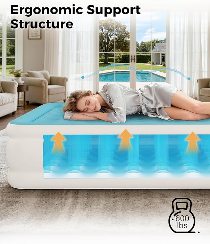 Full Air Mattress with Built-in Pump, Single Air Bed with Portable Storage Bag, Suitable for Home and Guests, Top Flocking, 18" Full Sky Blue