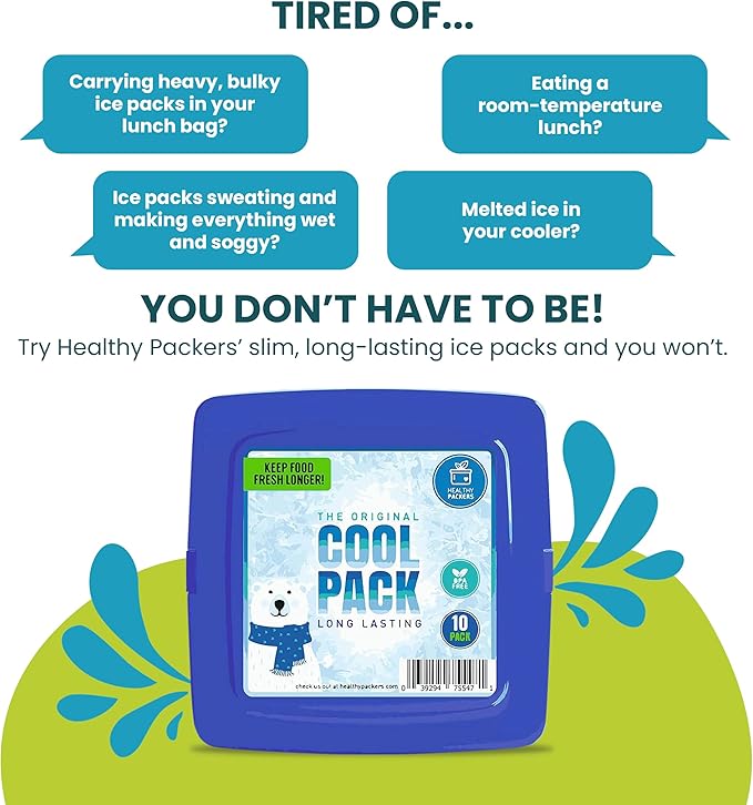 Healthy Packers Ice Packs for Lunch Bags - Freezer Packs - Original Cool Pack | Slim & Long-Lasting Reusable Ice Pack for Lunch Box and Cooler Bag (Set of 10)