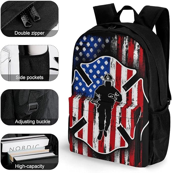 Rucksack Multipurpose Anti-Theft Big Capacity Shoulder Bag, Fireman Flag American Firefighter Travel Hiking Camping Rucksack With Side Pockets