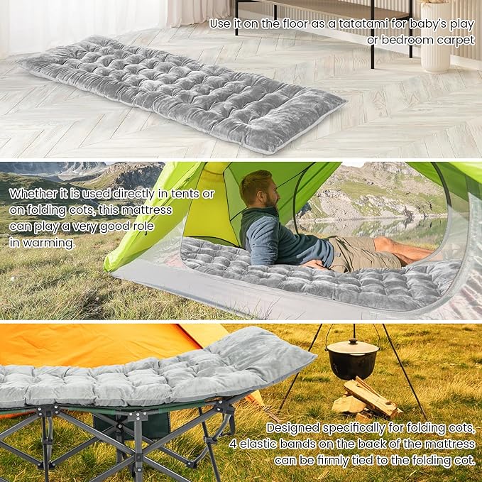 GOFLAME Camping Cot Mattress, Sleeping Cot Pad with Soft and Breathable Crystal Velvet, 75” x 27.5” Lightweight Comfortable Camping Cot Pad for Outdoor Hiking Vacation Traveling