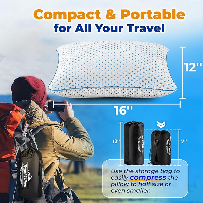 Small Cooling Memory Foam Travel Pillows for Airplanes, Compressible Camping Pillow, Adjustable Shredded Foam Bed Pillow for Medium Firm Neck Knee Lumbar Support, Ideal Sleeping,Car,Backpacking