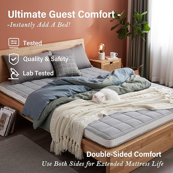 Tiita Japanese Floor Mattress Futon Mattress 4” Thick Folding Roll Up Sleeping Pad with Bag & Strap, Bed Topper Mat for Guest, Lounger and Travel, Grey,Full Size