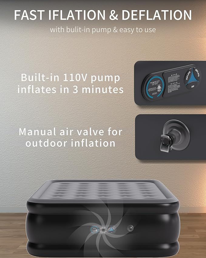 Queen Air Mattress with Built in Pump Raised,Comfort Plush-Inflatable Blow Up Mattress, Portable Double Air Bed for Home, Guests, Camping (Grey, 18” Height)