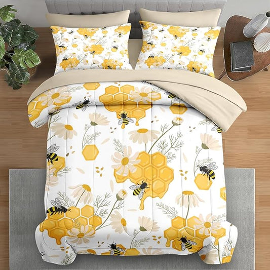 Comforter Set Full Size, Bees Honey Flower 7 Pcs Bedding for Kids and Adults, Spring Floral Summer Bed Sheet Sets with Fitted Sheet 2 Pillowcases & 2 Shams for Bedroom Bed Decor