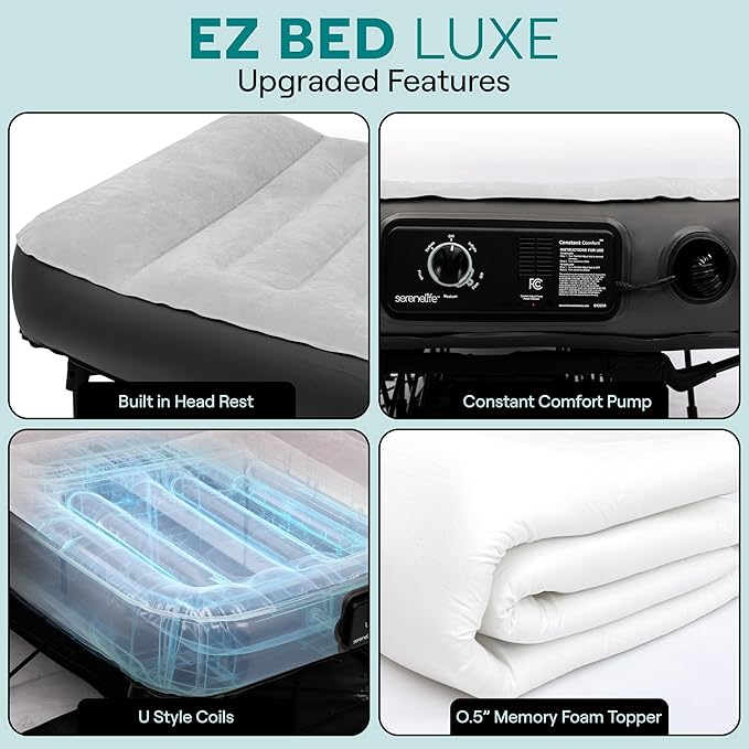 SereneLife (Twin) EZ Bed Luxe Air Mattress with Frame and Rolling Case - Luxury Series with Bonus Memory Foam Cover, Constant Comfort Pressure Maintaining Pump, Built-in Headrest, Wall Plug AC