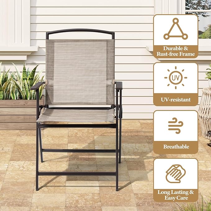 Crestlive Products Patio Folding Chairs Set of 8, Outdoor Folding Chairs with Durable Rust-Resistant Frame and Breathable Textilene Material for Outside, Beige