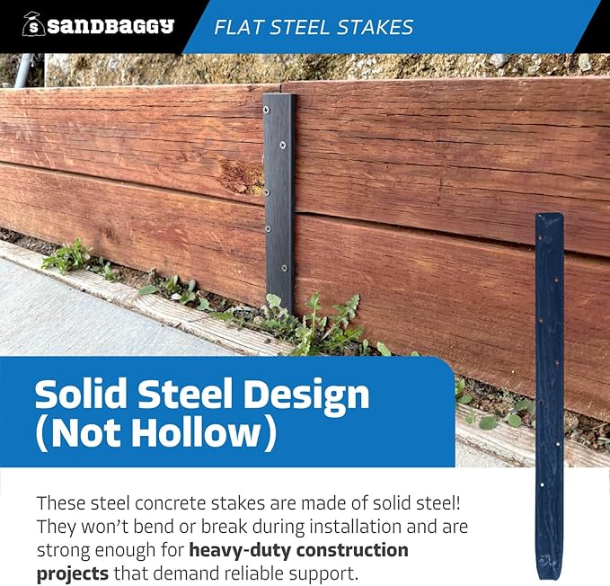 Sandbaggy Flat Steel Stakes for Concrete Forms with Nail Holes - 1.5" Wide - Painted - Removable, Reusable, V Point End - Construction Grade Stakes (10, 18 inch)