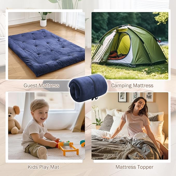 Japanese Floor Futon Mattress Twin Size 38"x 80", 2.5'' Thick Foldable Roll Up Floor Bed Sleeping Pad, 25D Foam Filled Tatami Mat with Straps for Guest Room, Dormitory & Camping, Navy Blue