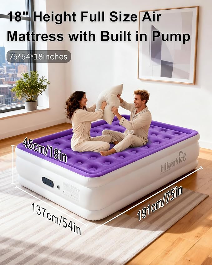 Full Air Mattress with Built in Pump, Inflatable Mattress for Home, Blow up Air Bed 3 Min Quick Inflation and Deflation, Thin Velvet Top, 18'' Full Size Purple