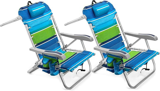 Homevative Cooler+ Folding Backpack Beach Chair with 5 Positions, Towel bar, XL Cooler Pouch, Storage Net, Cup and Phone Holder, Deep Sea, 2 Pack