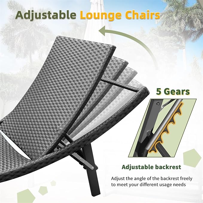 GUNJI Lounge Chairs for Outside 3 Pieces Patio Adjustable Chaise Lounge Outdoor Wicker Lounge Chairs Set of 2 with Table Folding Chaise Lounger for Poolside, Deck, Lawn (Beige)