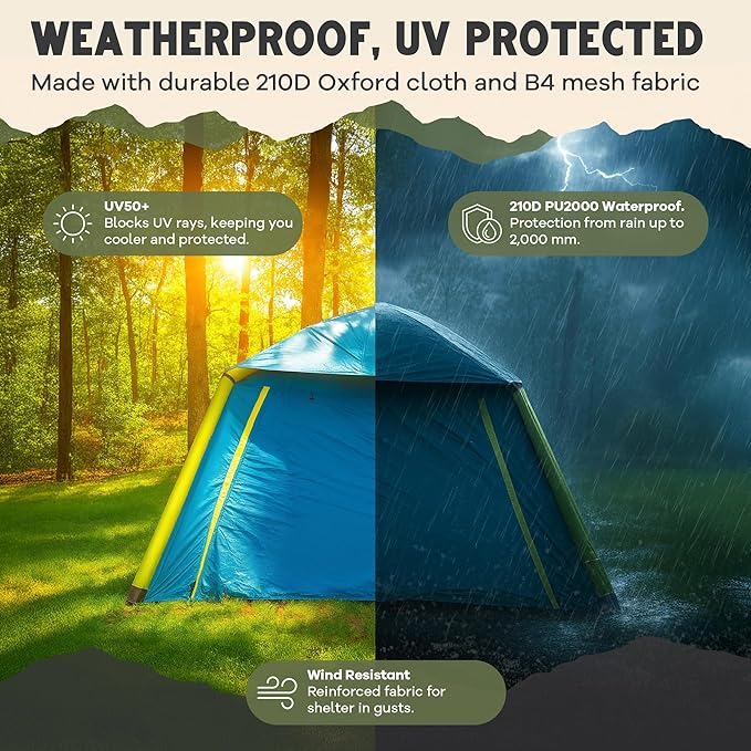 CloudCamp Inflatable Tents for Camping- 6 People Waterproof Oxford Fabric(210D), Quick Setup Air Tent with Manual & Battery Pump, UV Protection, 4-Season Inflatable Tent
