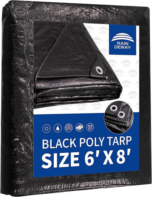 RAINDEWAY Black Tarp 6x8 Feet, UV Resistant, 8 Mil Multipurpose Medium Duty Waterproof Poly Tarp Cover with Metal Grommets and Reinforced Edges