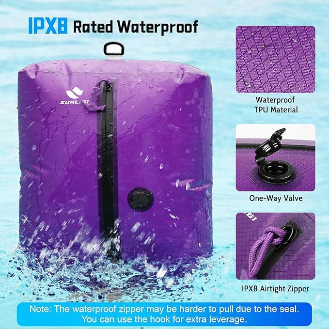 Zurligi Travel Vacuum Bags with Shoulder Strap & Mini Pump – IPX8 Waterproof Vacuum Seal Reusable 39L Carry-On Compression Bags for Clothes, Suitcase & Luggage(2-Pack, Purple)