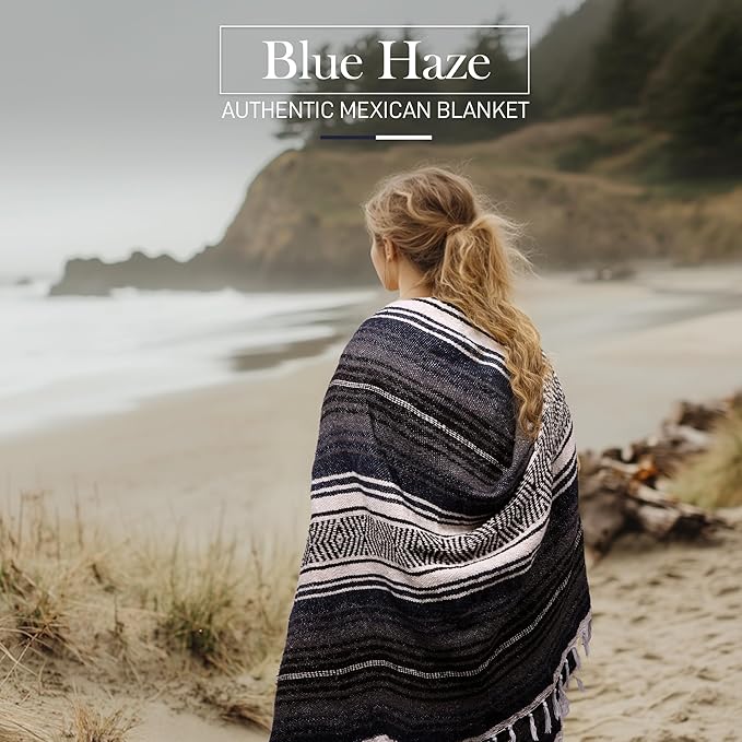 Hydration Nation Authentic Extra Large Mexican Blanket (70"x50") - Handwoven Yoga, Serape - Artisanal Falsa, Beach, Camping, Picnic, Outdoor (Blue Haze)