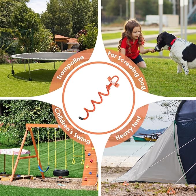 MIXXIDEA 11.4 Inch Gound Anchors Screw in, Metal Spiral Earth Anchors Kit, Heavy Duty Folding Ring Spiral Dog Tie Out Stake, Ground Stakes for Tent Trampolines, Garden Fence, Sheds, Swings (Orange)