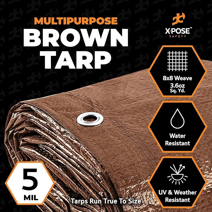 Multipurpose Protective Cover Brown Poly Tarp 10' x 10' (2-Pack) - Durable, Water Resistant, Weather Resistant - 5 Mil Thick Polyethylene - by Xpose Safety