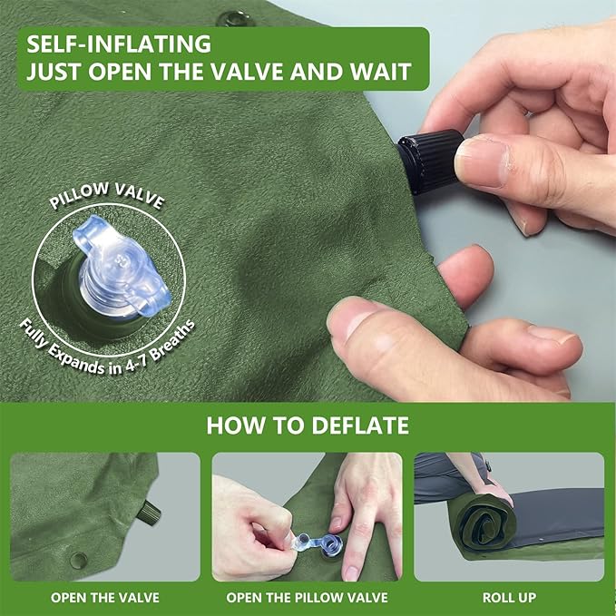 Double Camping Sleeping Pad with Pillow, 2" Memory Foam Camping Mattress 2 Person, 5R Insulated Self Inflating Camping Pad, Air Mattress Inflatable Sleeping Mat for Tent, Backpacking, Hiking (Green)