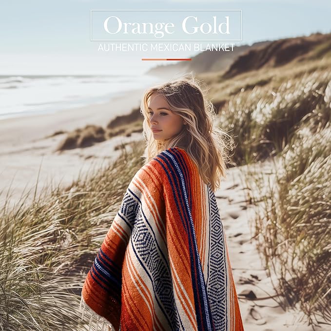 Hydration Nation Authentic Large Handwoven Mexican Blanket - Soft Yoga- Durable Serape- Lightweight Falsa, Beach, Camping, Picnic, Outdoor Blanket 70"x50" - Orange Gold