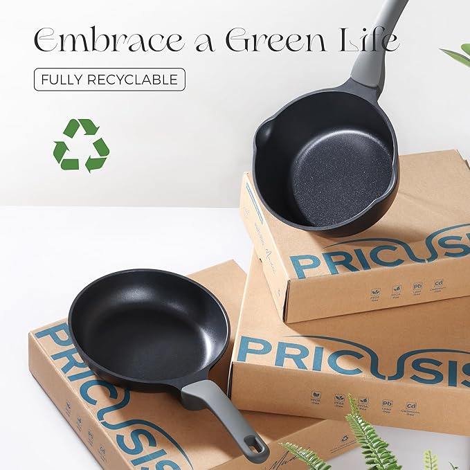 PRICUSIS Nonstick Ceramic Frying Pan with Lid, 8/10 Inch Skillet with Stay Cool Handle, Fully Coated, Induction Compatible & Oven Safe, 100% Dishwasher Safe, PTFE & PFOA Free（10 Inch, Black Sesame）