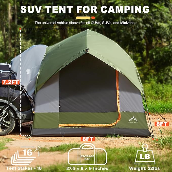 SUV Tent for Camping, Waterproof PU3000mm Spacious Double Layer Design for 5-8 Person, Includes Rainfly and Storage Bag, 8FT L x 8FT W x 7.2FT H Green