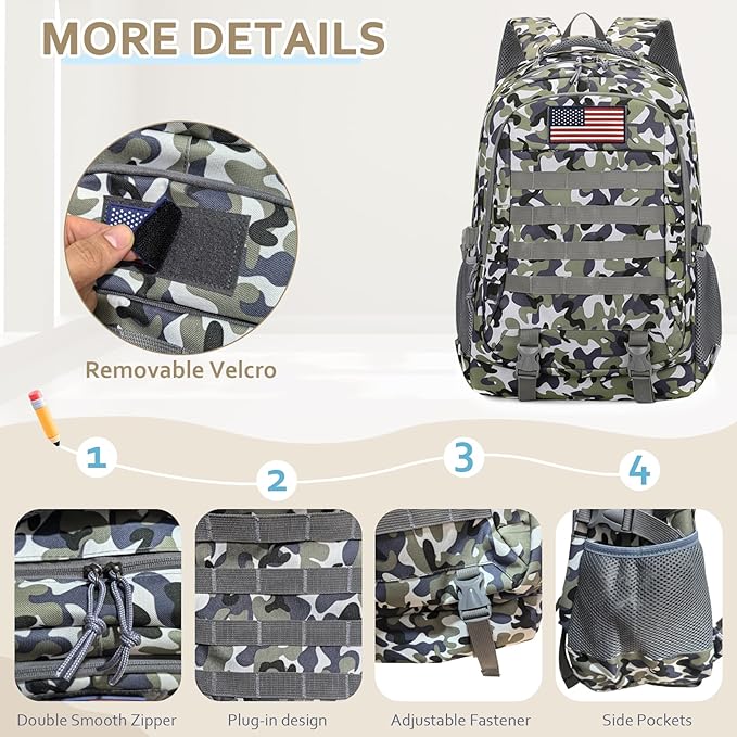 Camo Tactical Backpack for Boys - Waterproof 19'' Kids Bookbag with 15.6" Laptop Compartment, MOLLE System School Bag for Camping Hiking Travel
