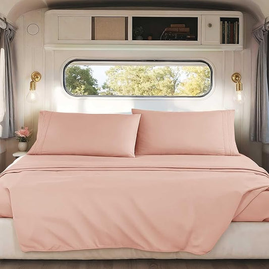 Hearth & Harbor Short Queen Sheets for RV, Blush Pink RV Queen Sheets, Silky Soft 1800 Microfiber Bed Sheet for Camper, 4 Piece RV Bedding with Pillowcases
