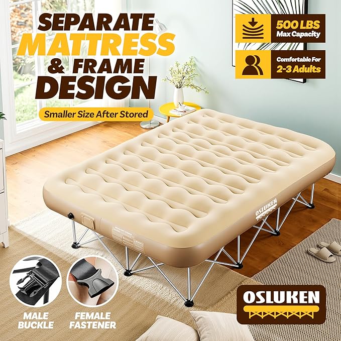 Queen Air Mattress with SUS Frame & Built in Pump, 25" Raised Self Inflating Blow Up Airbed, 500 LBS Capacity Portable Inflatable Bed on Stand for Guest, Travel, Vacation, Camping, 80" x 60"