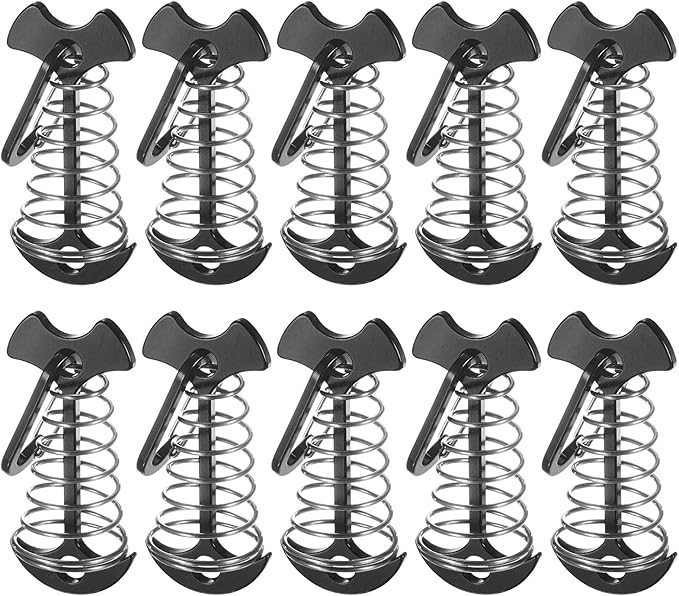 Fishbone Deck Anchor Pegs with Buckles [10PCS] - Aluminium Tent Stakes with Spring Buckle Use for Camping & Hiking - [Black] Windproof Tie Down Tent Stakes