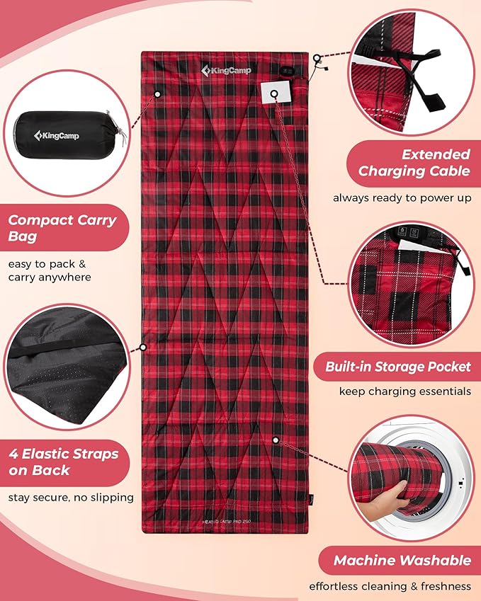 KingCamp 6 Heating Zones Heated Sleeping Bag Pad, 3s Heat-up Portable XL Sleeping Bag Liner for Cold Weather Camping, Hiking, Multi USB Power Supported, Compact Bag Included
