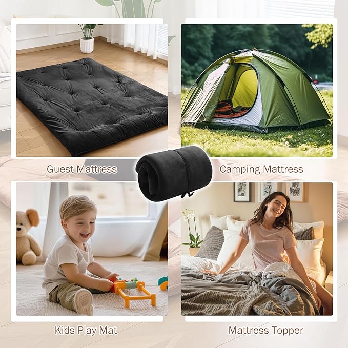 Japanese Floor Futon Mattress Twin Size 38"x 80", 2.5'' Thick Foldable Roll Up Floor Bed Sleeping Pad, 25D Foam Filled Tatami Mat with Straps for Guest Room, Dormitory & Camping, Classic Black