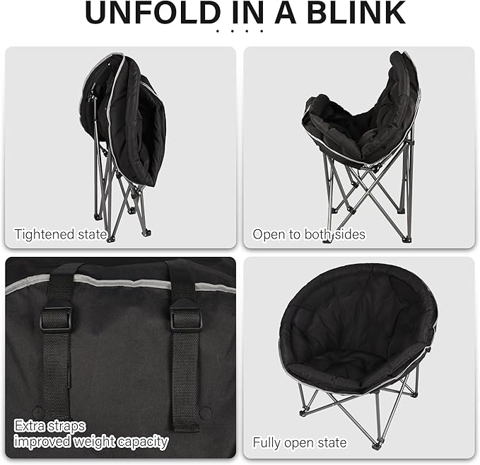Oversized XXL Folding Round Camping Chair,Super Comfy Padded Moon Camp Chairs,Heavy Duty Supports 440 Lbs Outdoor Lawn Chairs for Adults,Perfect for Indoor,Family Camping,Picnics and Garden,Black