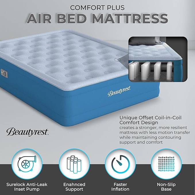 Beautyrest Comfort Plus, Twin Size Air Mattress with Built-in Pump, Raised Inflatable Bed, Cooling Vent Topper, Puncture-Resistant Vinyl, 700lb Support, Guest and Camping Airbed, 3-Year Warranty