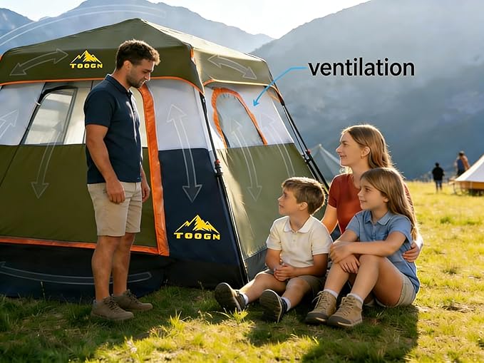 3/4 Person Camping Tent with 1 Door, 4 Windows, and Upgraded Ventilation– Instant Setup, Waterproof, 8'x 8'x 67''Oxford Fabric Floor Pop Up in 60 Seconds Includes Rainfly and Backpack