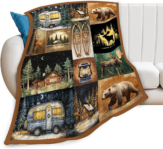 Camping Blanket Cabin Bear Deer Throw Blankets Gifts for Girls Boys Kids Camping Lover Soft Cozy Fleece Plush for Couch Sofa Bed 50"x40"