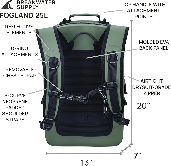 Breakwater Supply™ Fogland Waterproof IP68 Submersible Backpack with Airtight Zippers | Laptop Travel Outdoors | 25L 20L 15L | 100% Waterproof, Submersible, Airtight Zippers, Travel Outdoors
