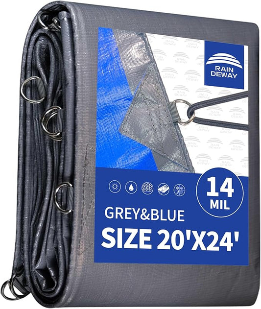 RAINDEWAY Tarps Heavy Duty Waterproof 20x24 Feet -14 Mils Super Heavy Duty Tarp with Metal Rings and Reinforced Corners and Edges, UV Resistant, Multipurpose Poly Tarp,Blue/Gray tarp