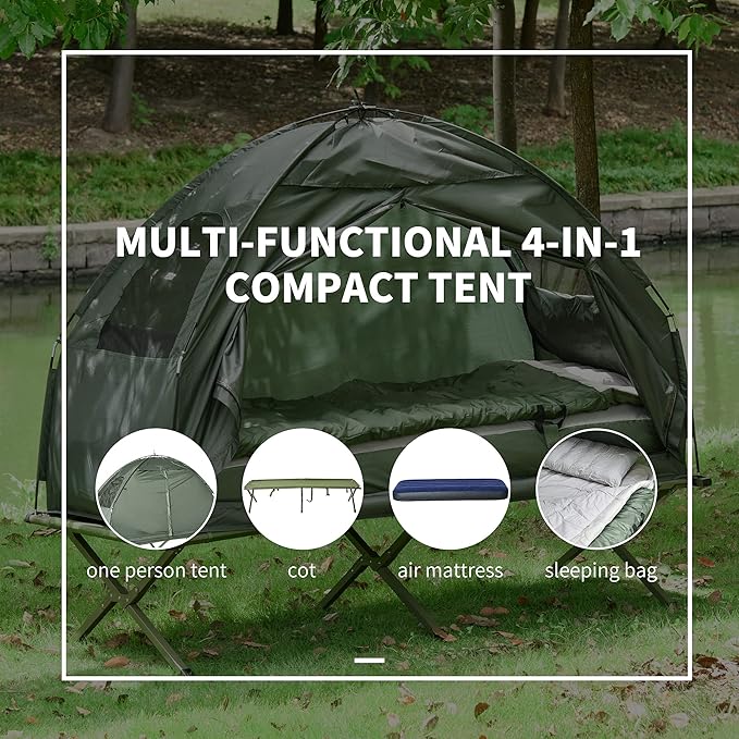 Person Foldable Camping Cot with Tent, Bedspread and Thick Air Mattress, 4-in-1 Elevated Camping Bed Tent for Outdoor Hiking, Picnic, Travel