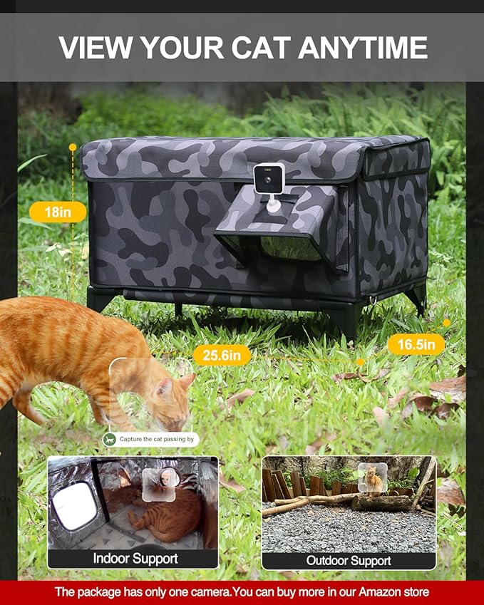 Outdoor Heated Cat House in Winter,Extremely Insulated & Weatherproof,Elevated Feral Cat Shelter with Waterproof Eaves & Escape Door for Outside Stray Barn Cat (Dark Camo,L)
