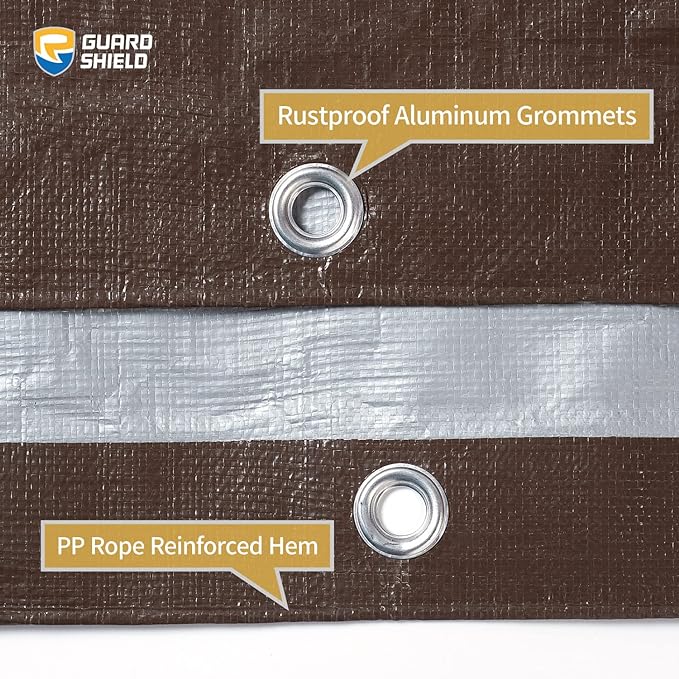 GUARD SHIELD Tarps Heavy Duty Waterproof 12x24 Feet Brown/Bright Silver Poly Tarp Cover Square Outdoor Thick UV Resistant Tarpaulin with Grommets 10mil